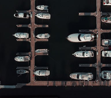 Aerial view of yachts docked in a marina